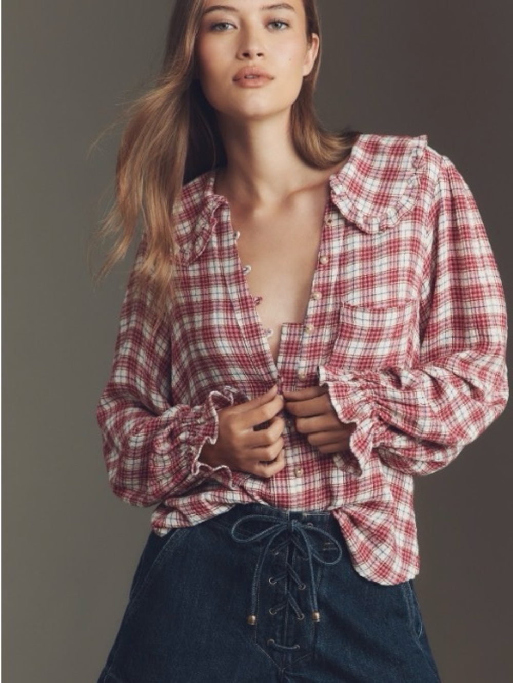 Pilcro Anthropologie Pink Plaid Ruffle Collar
Blouse XL
